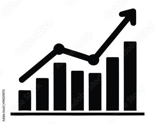 A black and white graph with an upward trend line and bars