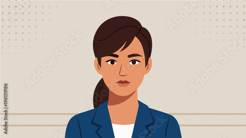 Professional vector portrait of confident businesswoman with dark hair wearing blue blazer on light background