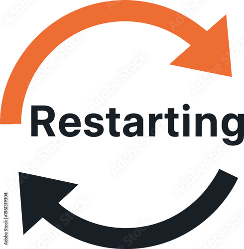 A vector graphic illustration of two arrows forming a circular restart loop with the word Restarting in the center