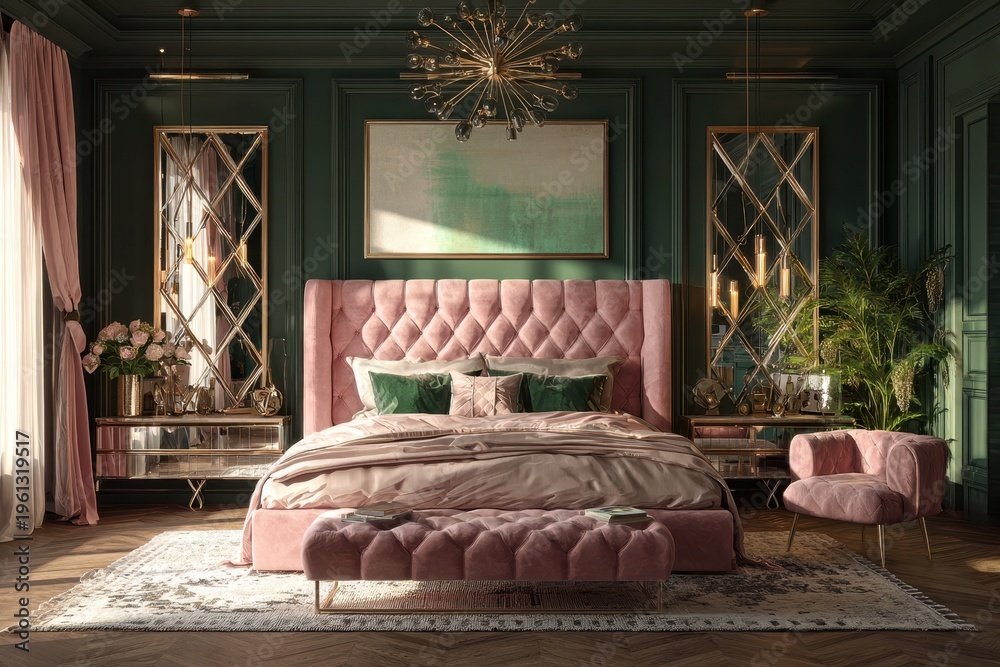 Fototapeta premium Chic art deco-inspired bedroom design in pink, green, and gold, sculptural lighting and rich textures
