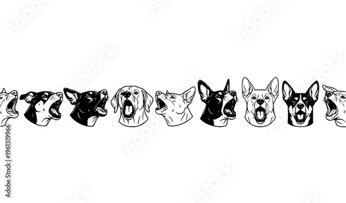 Black and White Barking Dog Breed Heads Vector Collection Mixed Style Pet Illustration