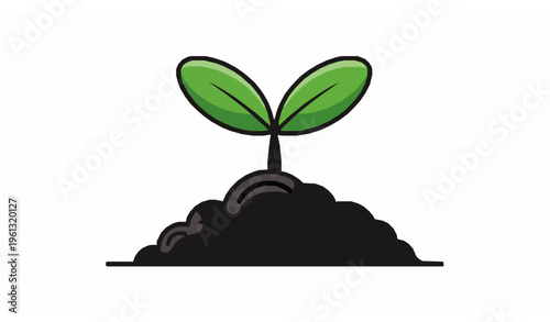 Green seedling vector growing from black fertile soil isolated on white for gardening and eco design