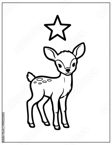Black and white deer illustration, fawn cartoon character, star symbol, coloring page