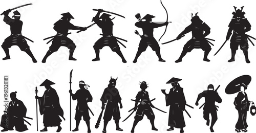 Ancient Japanese Samurai Warrior and Ninja Silhouette Set