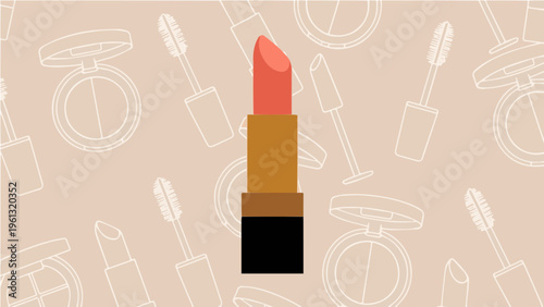 Flat vector illustration of makeup products including lipstick and cosmetics on light background