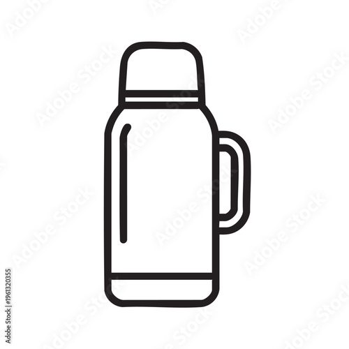 An outline illustration of a clear thermos bottle with a handle and lid