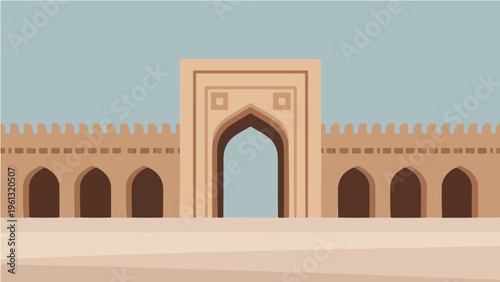 Vector illustration of traditional Islamic building with arches and courtyard in beige tones