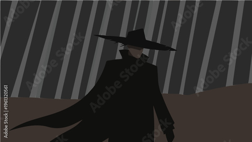 Mysterious dark silhouette vector illustration of man in hat with striped background
