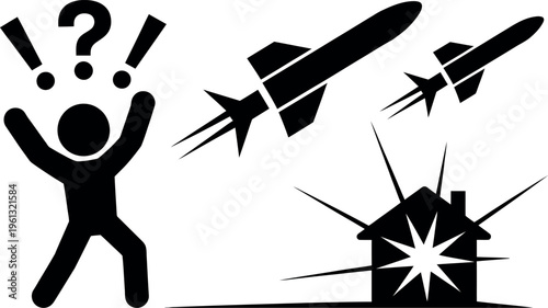 Confused person reacting to missiles destroying a house in illustration style