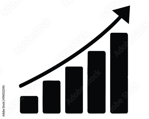 A black and white graph showing an upward trend with bars and an arrow
