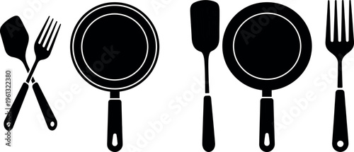 Black and white illustration of kitchen utensils and cookware set