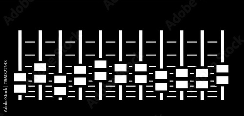 Abstract black and white graphic of audio mixing board sliders and faders, representing sound editing and music production