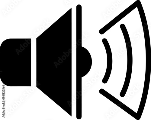 Black silhouette icon of a speaker emitting sound waves, representing volume, audio output, and sound systems, speaker cone
