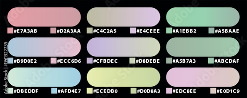 Pastel gradient color palette set with hex codes, soft aesthetic swatches for UI design, 9 professional color schemes for branding and web development