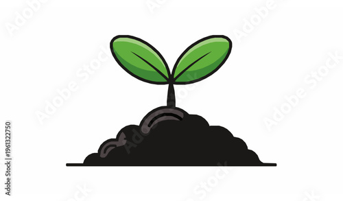 Green seedling vector growing from black fertile soil isolated on white for gardening and eco design