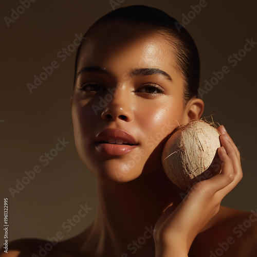 woman closeup holding a coconut