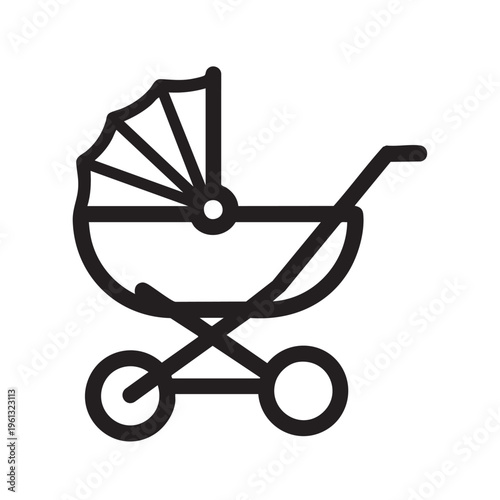 A clear outline illustration of a baby stroller for a child