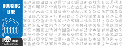 Housing and Real Estate Line Icons Set – Smart Home, Property, Security and Interior Outline Vector Collection