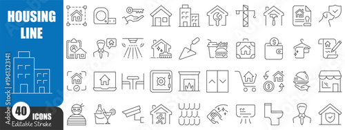 Housing and Real Estate Line Icons Set – Smart Home, Property, Security and Interior Outline Vector Collection