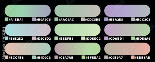 Pastel color palette collection with hex codes, soft gradient swatches on black background, professional UI design color guide vector
