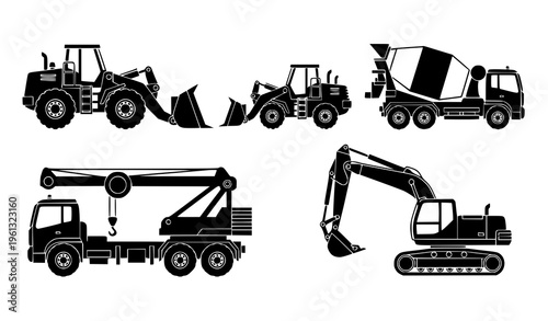 Flat side view vector icons of building machines for construction and engineering isolated on white background