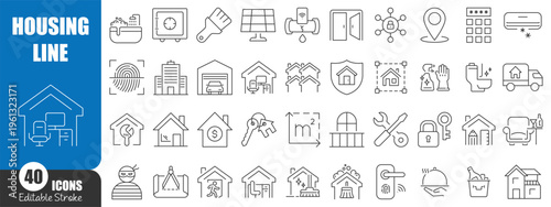 Housing and Real Estate Line Icons Set – Smart Home, Property, Security and Interior Outline Vector Collection