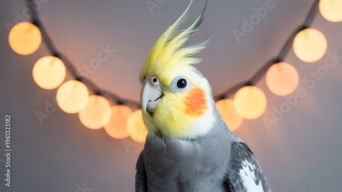 Vibrant cockatiel bird with string lights