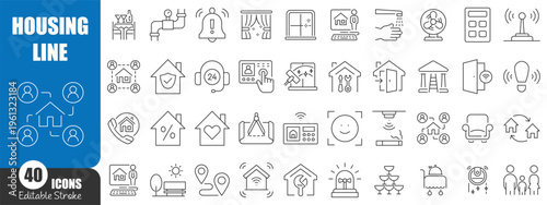Housing and Real Estate Line Icons Set – Smart Home, Property, Security and Interior Outline Vector Collection