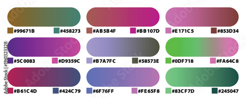 Modern gradient color palette collection with hex codes, set of 9 vibrant color swatches for UI UX design, professional digital color schemes