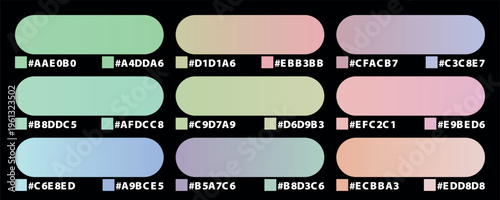 Pastel color palette collection with hex codes, set of 9 soft gradient swatches on black background, aesthetic color guide for digital design