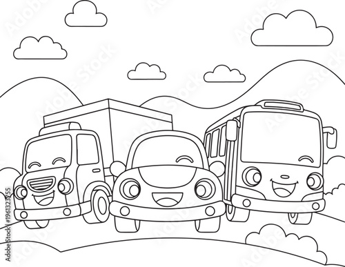 Three smiling cartoon vehicles a car, a police car, and a bus in city with clouds and mountains.