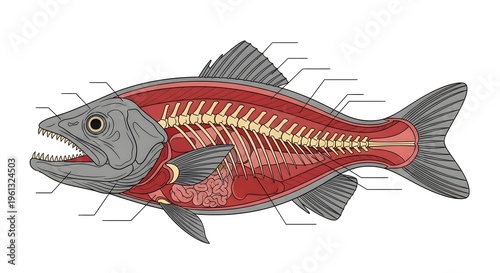 Detailed illustration of fish skeleton anatomy.
