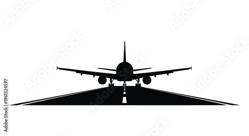 Airplane on runway facing forward in a stark black silhouette