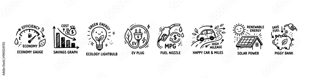 Fototapeta premium A set of hand-drawn doodle icons representing eco-friendly driving, renewable energy, fuel savings, and sustainable green technology concepts.