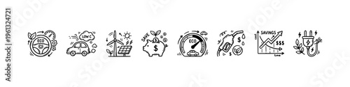 A set of hand-drawn doodle icons representing eco-friendly driving, renewable energy, fuel savings, and sustainable green technology concepts.