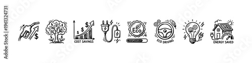 A set of hand-drawn doodle icons representing eco-friendly driving, renewable energy, fuel savings, and sustainable green technology concepts.