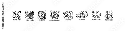 A set of hand-drawn doodle icons representing eco-friendly driving, renewable energy, fuel savings, and sustainable green technology concepts.
