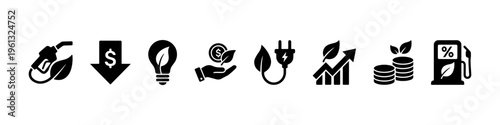 A set of solid black silhouette icons illustrating eco-friendly energy, fuel cost reduction, renewable power, and sustainable green transportation.