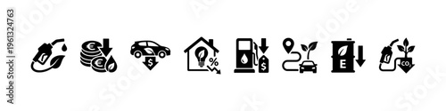 A set of solid black silhouette icons illustrating eco-friendly energy, fuel cost reduction, renewable power, and sustainable green transportation.