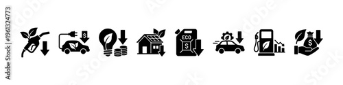 A set of solid black silhouette icons illustrating eco-friendly energy, fuel cost reduction, renewable power, and sustainable green transportation