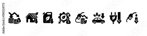 A set of solid black silhouette icons illustrating eco-friendly energy, fuel cost reduction, renewable power, and sustainable green transportation.