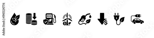 A set of solid black silhouette icons illustrating eco-friendly energy, fuel cost reduction, renewable power, and sustainable green transportation.