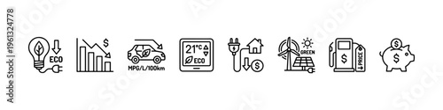 A comprehensive collection of minimalist line icons representing green energy solutions, fuel economy, electric transportation, and financial savings.