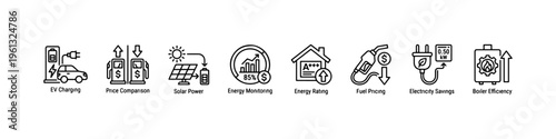 A comprehensive collection of minimalist line icons representing green energy solutions, fuel economy, electric transportation, and financial savings.