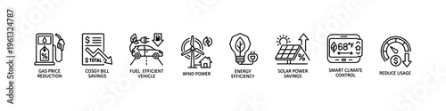 A comprehensive collection of minimalist line icons representing green energy solutions, fuel economy, electric transportation, and financial savings.