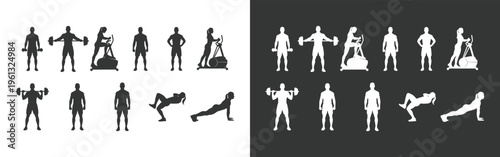 Gym and Fitness Exercise Silhouette Collection, Workout Icons Set for Wellness and Bodybuilding Training