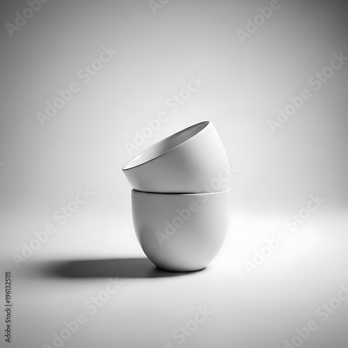 Minimalist black and white photo of two stacked ceramic bowls with smooth curves and shadows