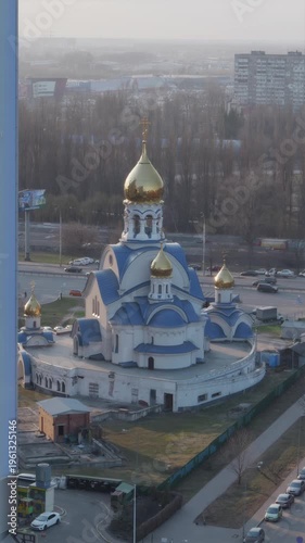 Vertical aerial view of Orthodox church with golden domes