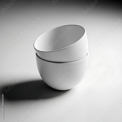 Minimalist black and white photo of two stacked ceramic bowls with smooth curves and shadows