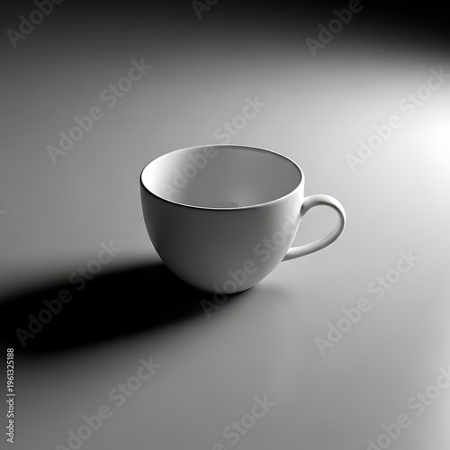 Empty white ceramic coffee cup with handle casting a soft shadow on smooth surface photography